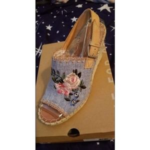 Monica Floral Embroidered Chambray Wedge